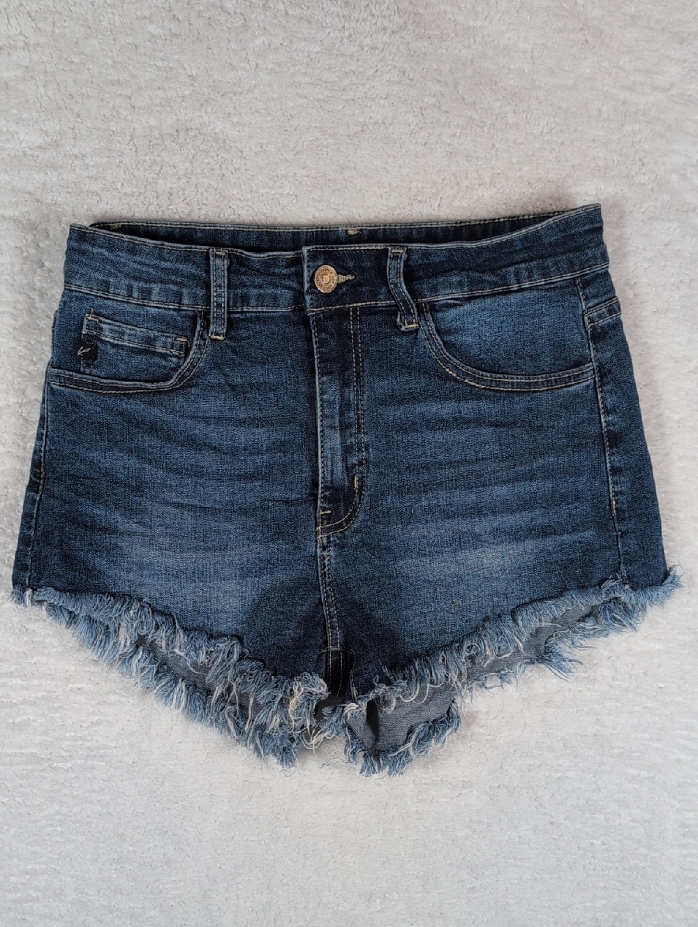 227-KanCan Dark Blue High-Rise Frayed Hem Denim Shorts